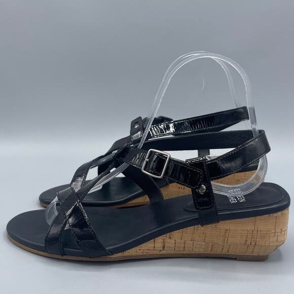 Eileen Fisher Strappy Sandals Size 7.5 Black Patent Leather Cork Low Wedge Heels - Picture 4 of 10